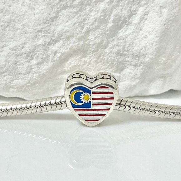 Pandora Malaysia Flag S925 Silver Heart Bead Charm - Picture 1 of 3